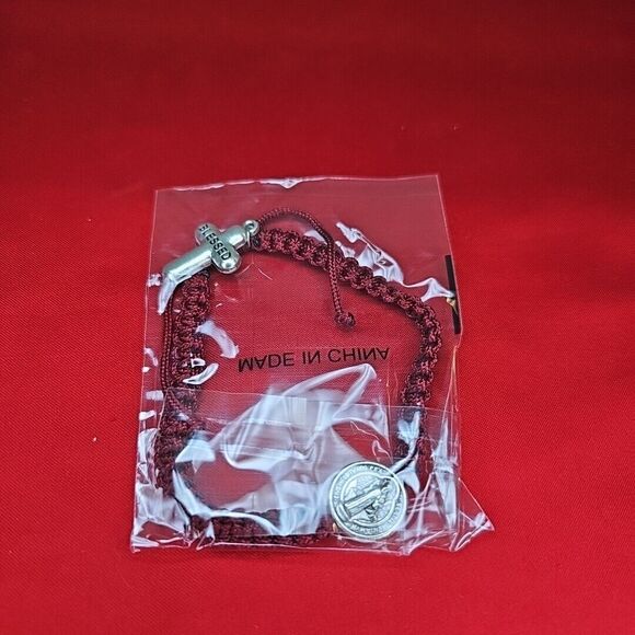 St. Benedict Blessed Cross Dark Red Bracelet Adjustable String Silver Tone Metal - Picture 4 of 5